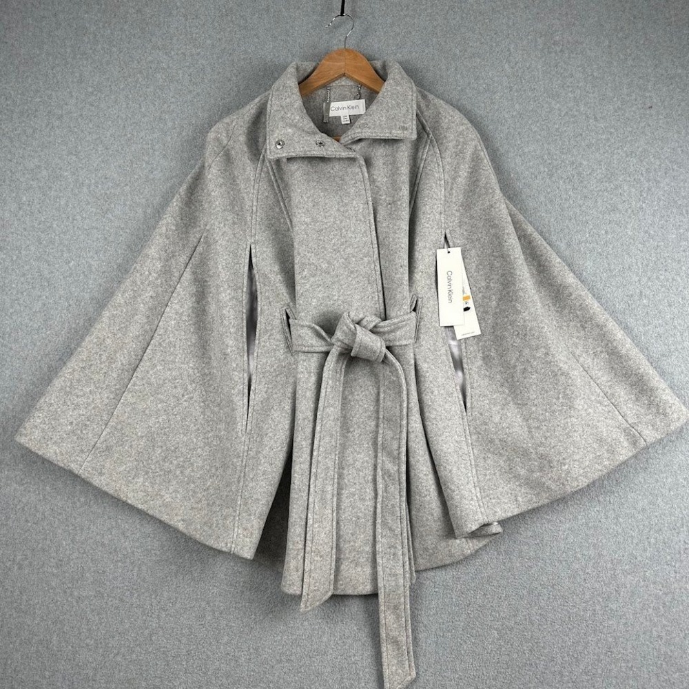 Calvin Klein NWT Womens Heather Grey Infinite Stretch Belted Cape Coat S/M NEW!